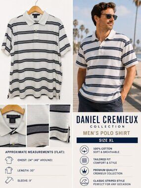 Daniel Cremieux Striped Polo Shirt White Navy Soft Jersey Cotton XL Coastal Prep